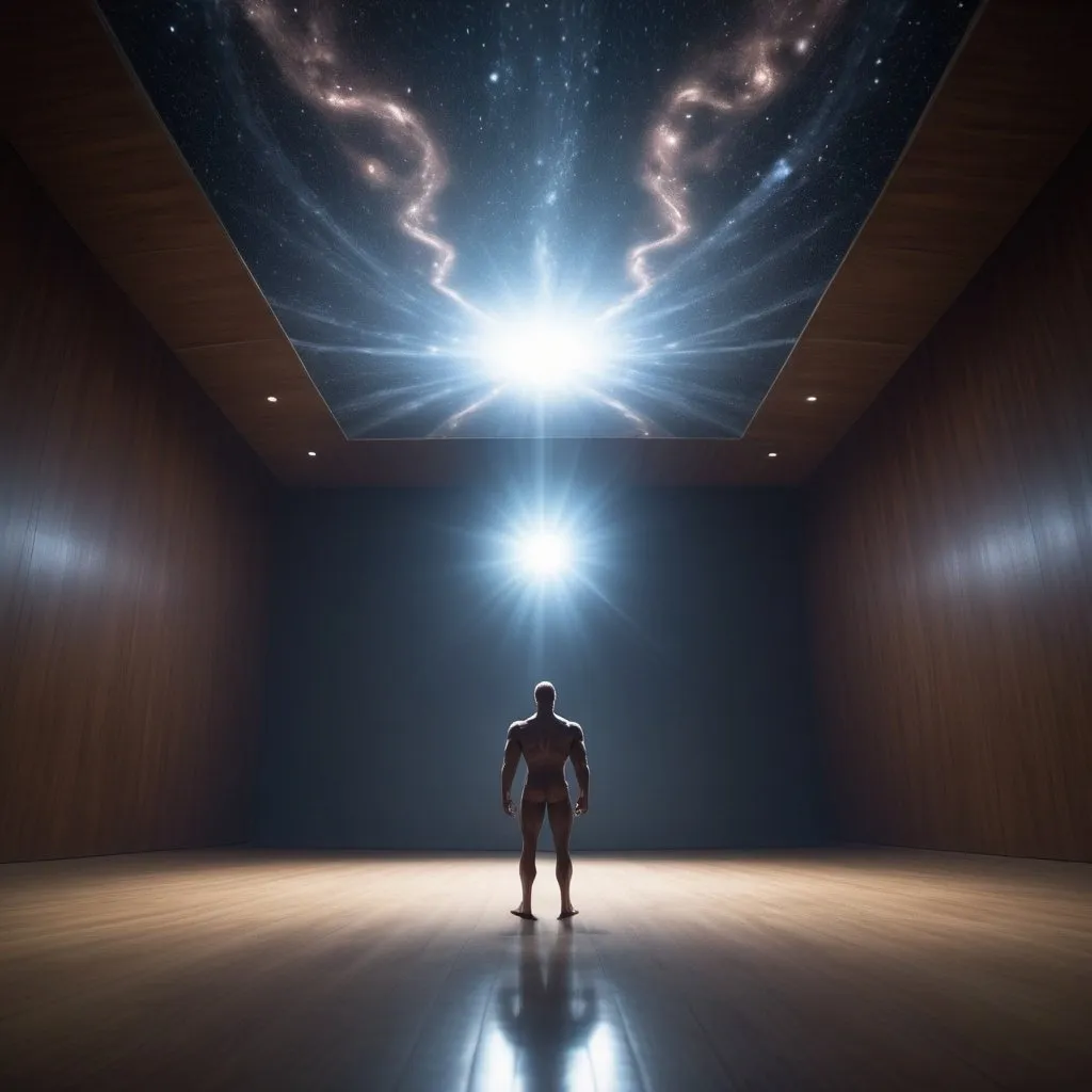 Prompt: Master of the Universe, overhead lighting, wide angle view, surreal background proportions, infinity vanishing point
