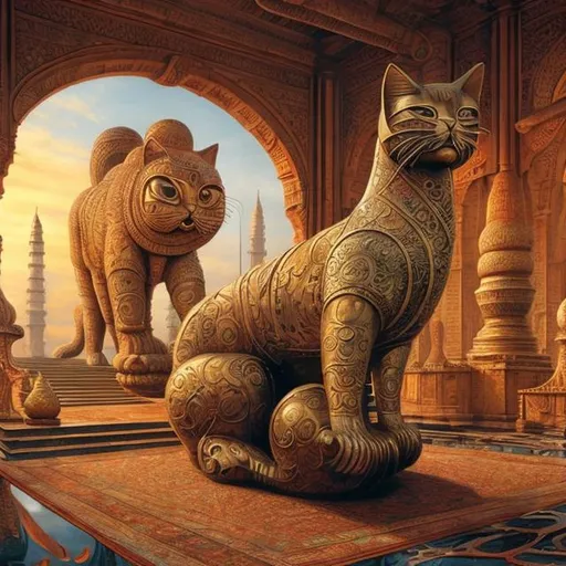 Prompt: panorama widescreen view of a giant bronze cat playing a sitar, infinity vanishing point, in the style of Jacek Yerka