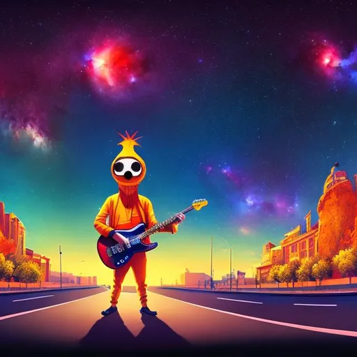 Prompt: panoramic view of a guitar player dressed as a turkey, on the street corner, vanishing point perspective, galaxy and nebula background