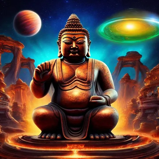 Prompt: widescreen image of an ancient copper bodybuilding buddha playing guitar in front of an exotic alien temple, tropical jungle background, galaxy sky, infinity vanishing point