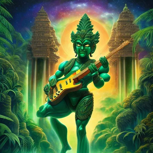 Prompt: wide view of an emerald bodybuilding vishnu playing guitar at an exotic temple, tropical jungle background, galaxy sky, infinity vanishing point