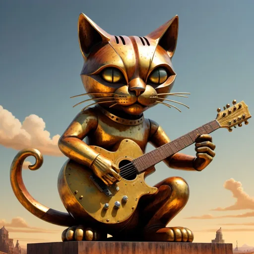 Prompt: giant rust streaked gold metal statue of a giant cat playing guitar, in the style of Jacek Yerka, widescreen view, infinity vanishing point