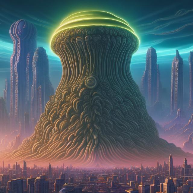 Prompt: infinity city, cthulu shaped nuclear blast cloud background