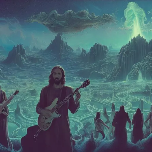 Prompt: wide view of a jesus and the apostles playing guitars, at an exotic rooftop infinity pool, infinity vanishing point, cthulhu nebula background