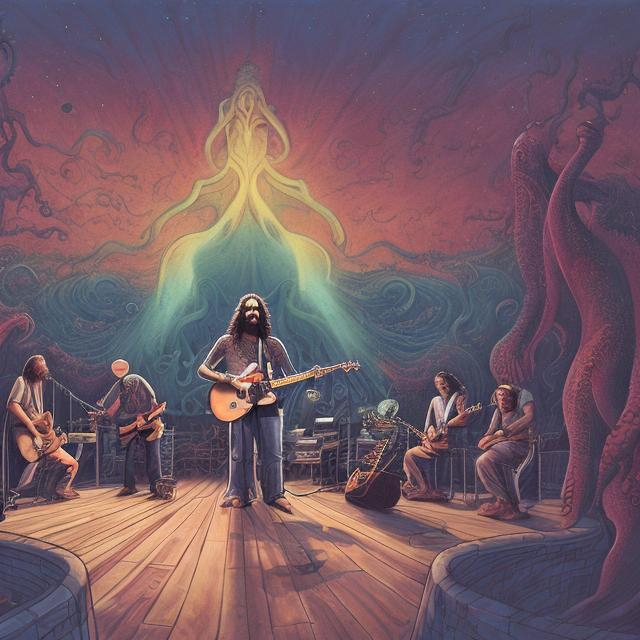 Prompt: wide perspective, jesus band playing guitars at a poolside patio gazebo barbeque, infinity vanishing point, Cthulhu nebula background
