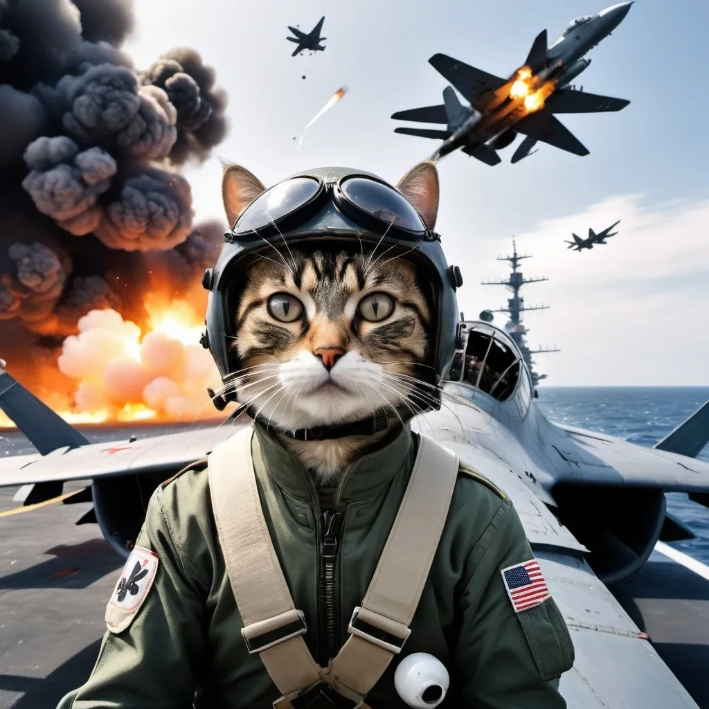 Prompt: Kamikaze Cat pilot of the Yokosuka MXY-7 Ohka, surrounded by black flak explosions, surreal aircraft carrier background, wide angle perspective, infinity vanishing point