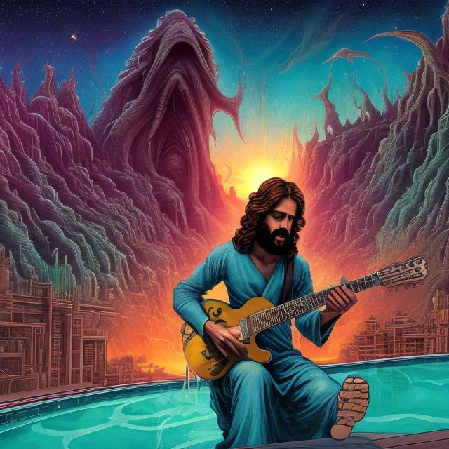 Prompt: wide view of jesus playing guitar with the twelve apostles playing guitars, at an exotic rooftop infinity pool, infinity vanishing point, cthulhu nebula background