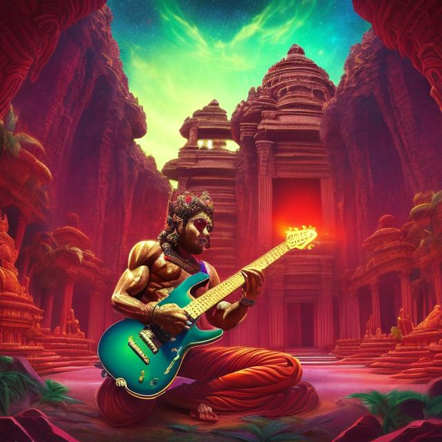 Prompt: wide view of a ruby bodybuilding vishnu playing guitar at an exotic temple, tropical jungle background, galaxy sky, infinity vanishing point