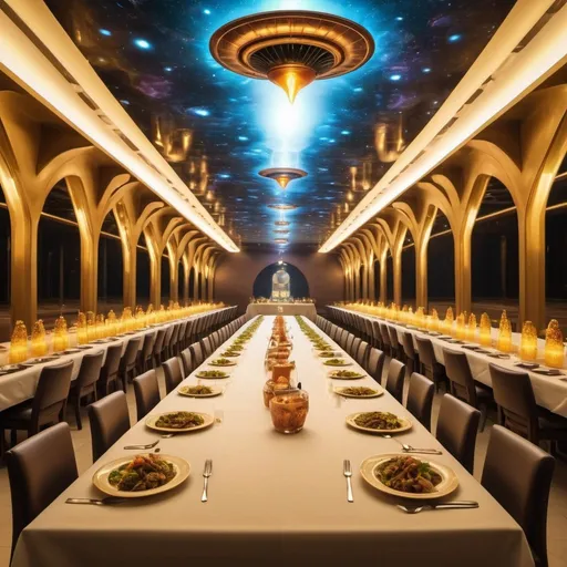 Prompt: long dining table with alien food and drinks, giant exotic dining hall background, overhead golden lighting, wide angle view, infinity vanishing point