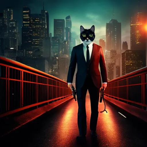 Prompt: secret agent with a realistic cat head, on a long wide tall bridge, overhead lighting, wide view