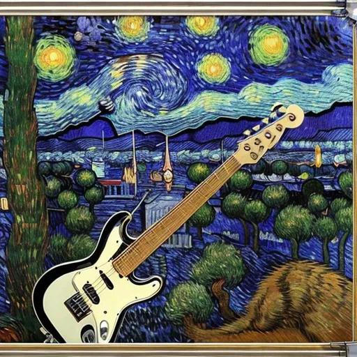 Prompt: ((((giant cat playing guitar) chrome statue inlaid with sapphires) in the style of Van Gogh) wide perspective view) infinity vanishing point