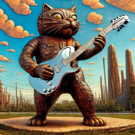 Prompt: giant rusty mirror metal statue of a giant cat playing guitar, in the style of Jacek Yerka, widescreen view, infinity vanishing point