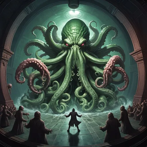 Prompt: giant Cthulhu fighting Yog-Sothoth, wide angle view, 25 degree offset, infinity vanishing point