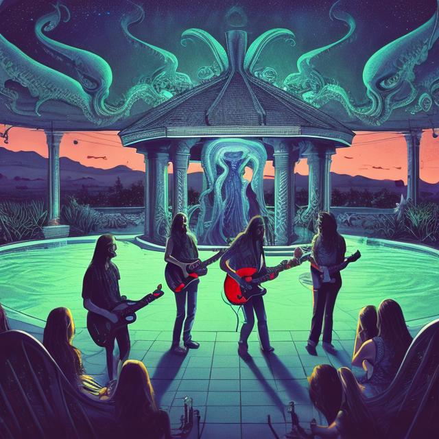 Prompt: wide perspective, jesus band playing guitars at a poolside patio gazebo party, infinity vanishing point, Cthulhu nebula background
