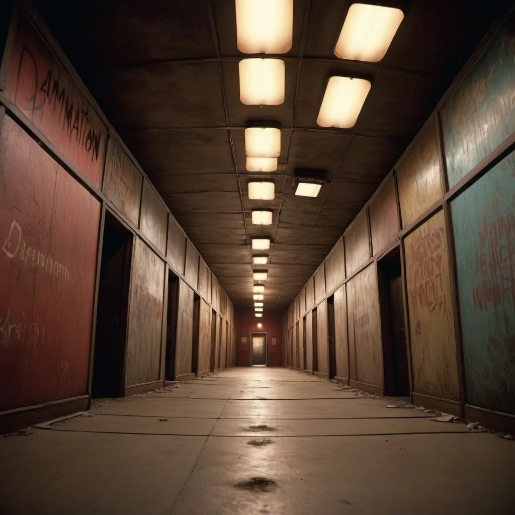 Prompt: Damnation Alley, overhead lighting, wide angle view, surreal background proportions, infinity vanishing point