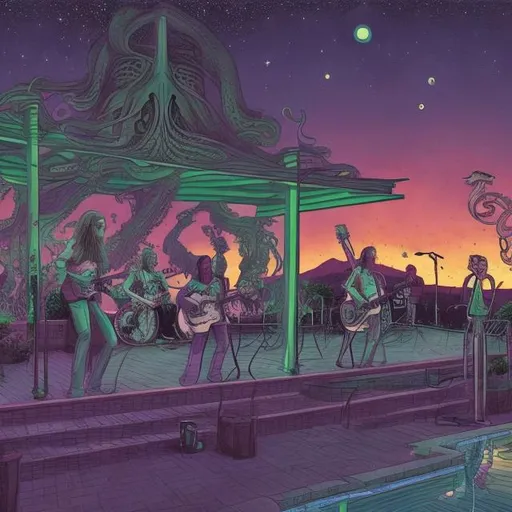 Prompt: wide perspective, jesus band playing guitars at a poolside patio gazebo barbeque, infinity vanishing point, Cthulhu nebula background
