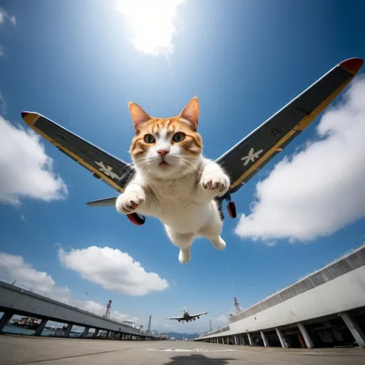 Prompt: Kamikaze Cat, flying Yokosuka MXY-7, wide angle perspective, surreal background, infinity vanishing point