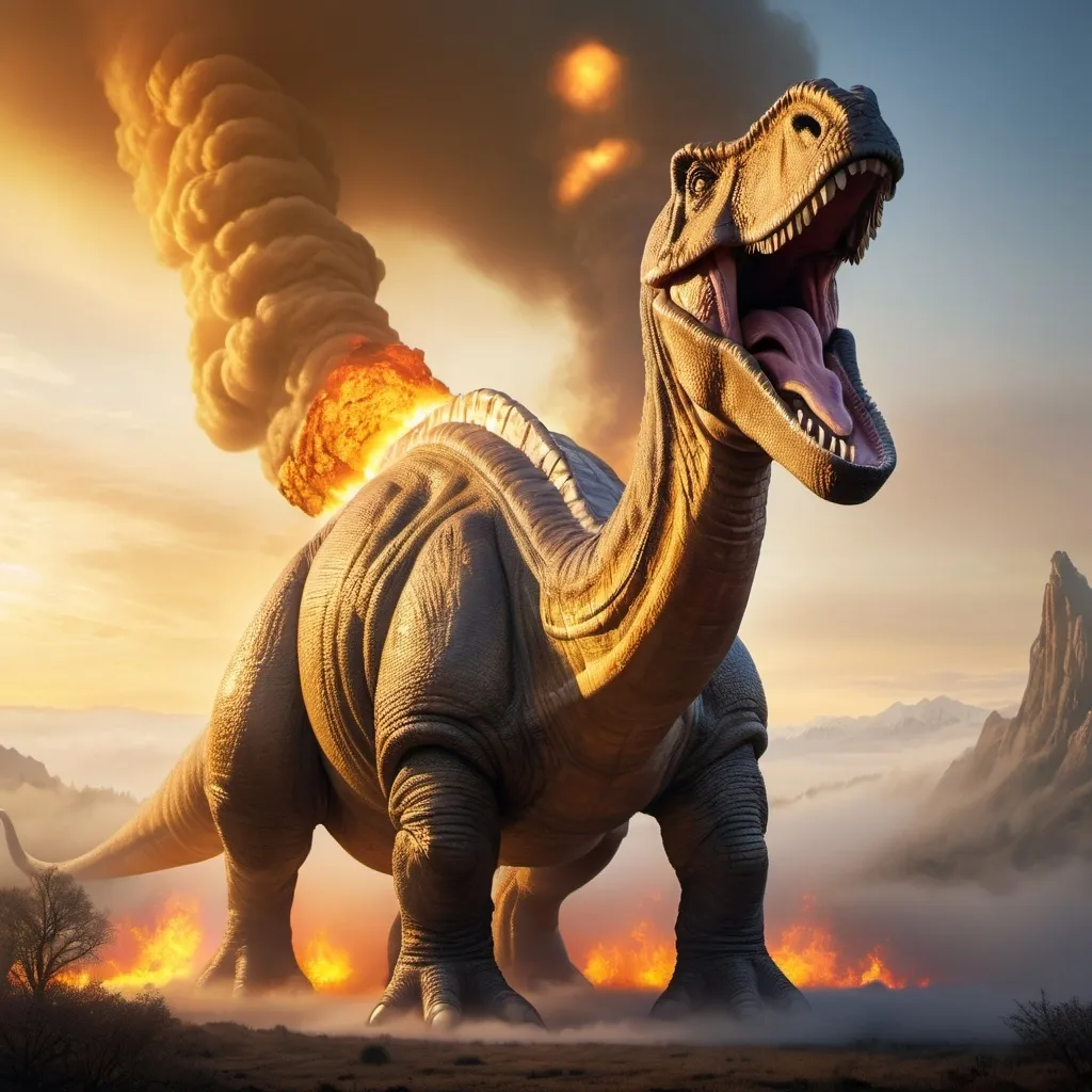 Prompt: Trump riding the biggest giant firebreathing armored war-brontosaurus in the world, overhead golden hour lighting, foggy wide angle view, infinity vanishing point