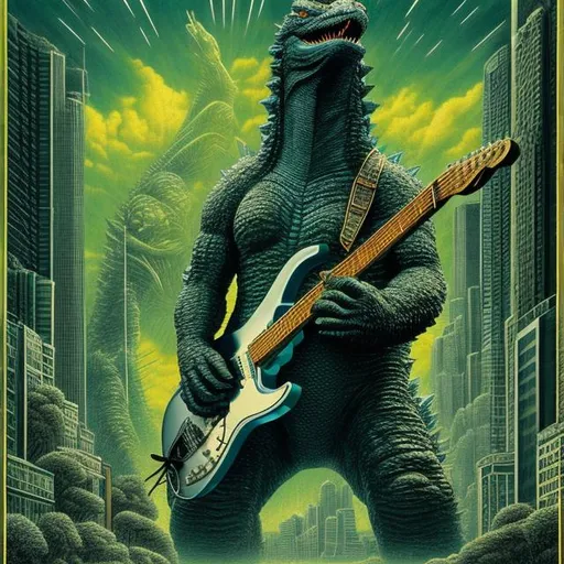 Prompt: ((((godzilla playing guitar) chrome statue inlaid with emeralds) in the style of Jacek Yerka) infinity vanishing point) wide perspective view