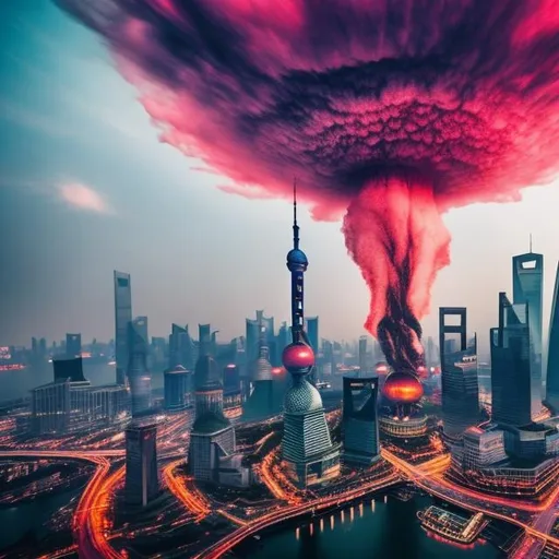 Prompt: shanghai skyline, nuclear blast cloud background