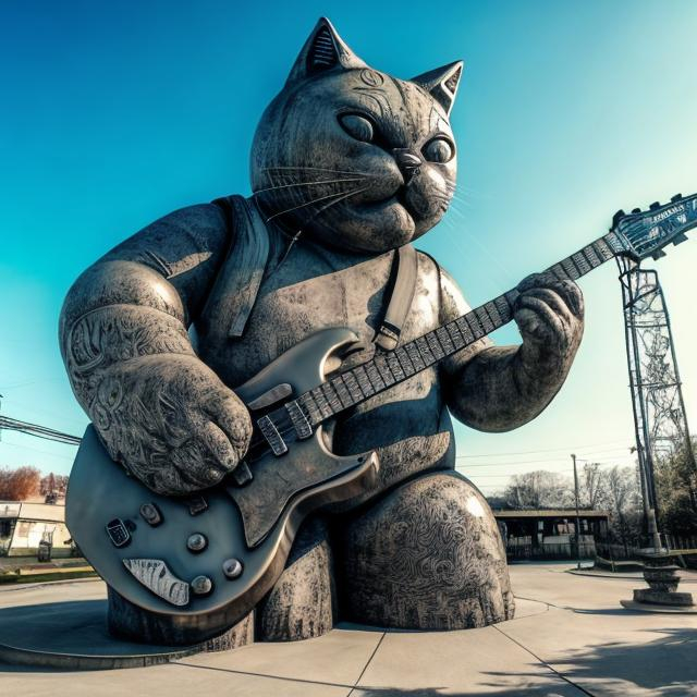 Prompt: giant acid etched steel statue of a giant cat playing guitar, in the style of Jacek Yerka, widescreen view, infinity vanishing point