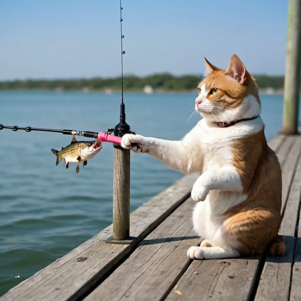 Prompt: a cat fishing on a pier for dogs