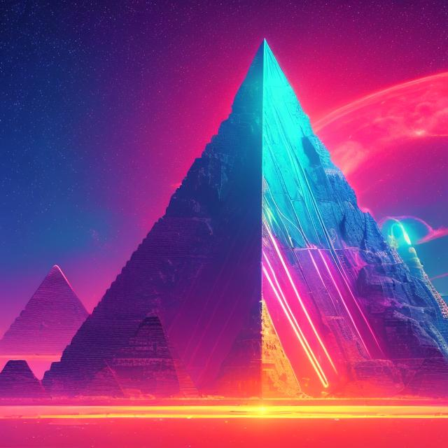 Prompt: wide view, crystal pyramid, overhead lighting, infinity vanishing point, neon nebula background