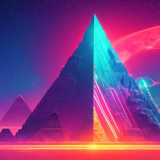 Prompt: wide view, crystal pyramid, overhead lighting, infinity vanishing point, neon nebula background