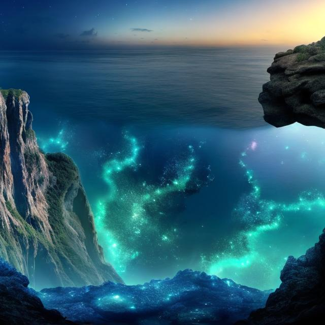 Prompt: panorama view of crystal ocean from cliffside infinity pool, cthulhu starry night background