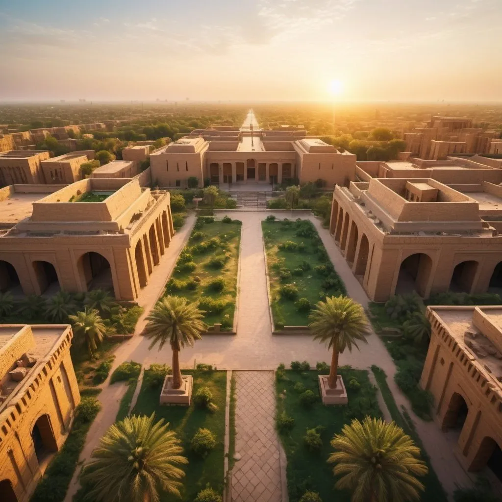 Prompt: ancient city of babylon and lush gardens, overhead golden hour lighting, extra wide angle view, infinity vanishing point