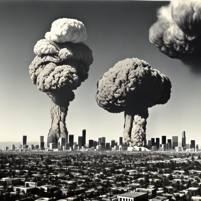 Prompt: los angeles skyline, nuclear test blast background