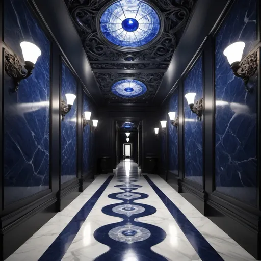 Prompt: surreal AI response, ornately detailed sapphire onyx bas relief hallway, overhead lighting shadows, wide angle view, infinity vanishing point