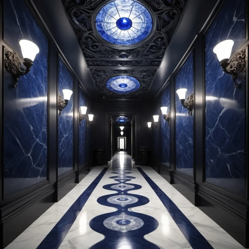 Prompt: surreal AI response, ornately detailed sapphire onyx bas relief hallway, overhead lighting shadows, wide angle view, infinity vanishing point