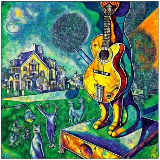 Prompt: ((((giant cat playing guitar) chrome statue inlaid with emeralds) in the style of Chagall) wide perspective view) infinity vanishing point