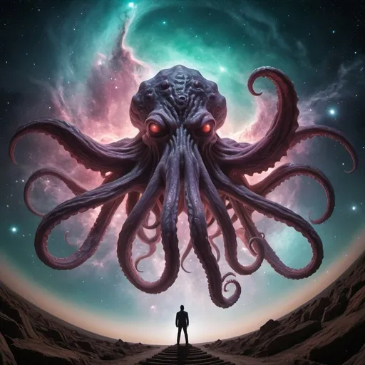 Prompt: giant nebula cthulu, overhead lighting, wide angle view, surreal background proportions, infinity vanishing point