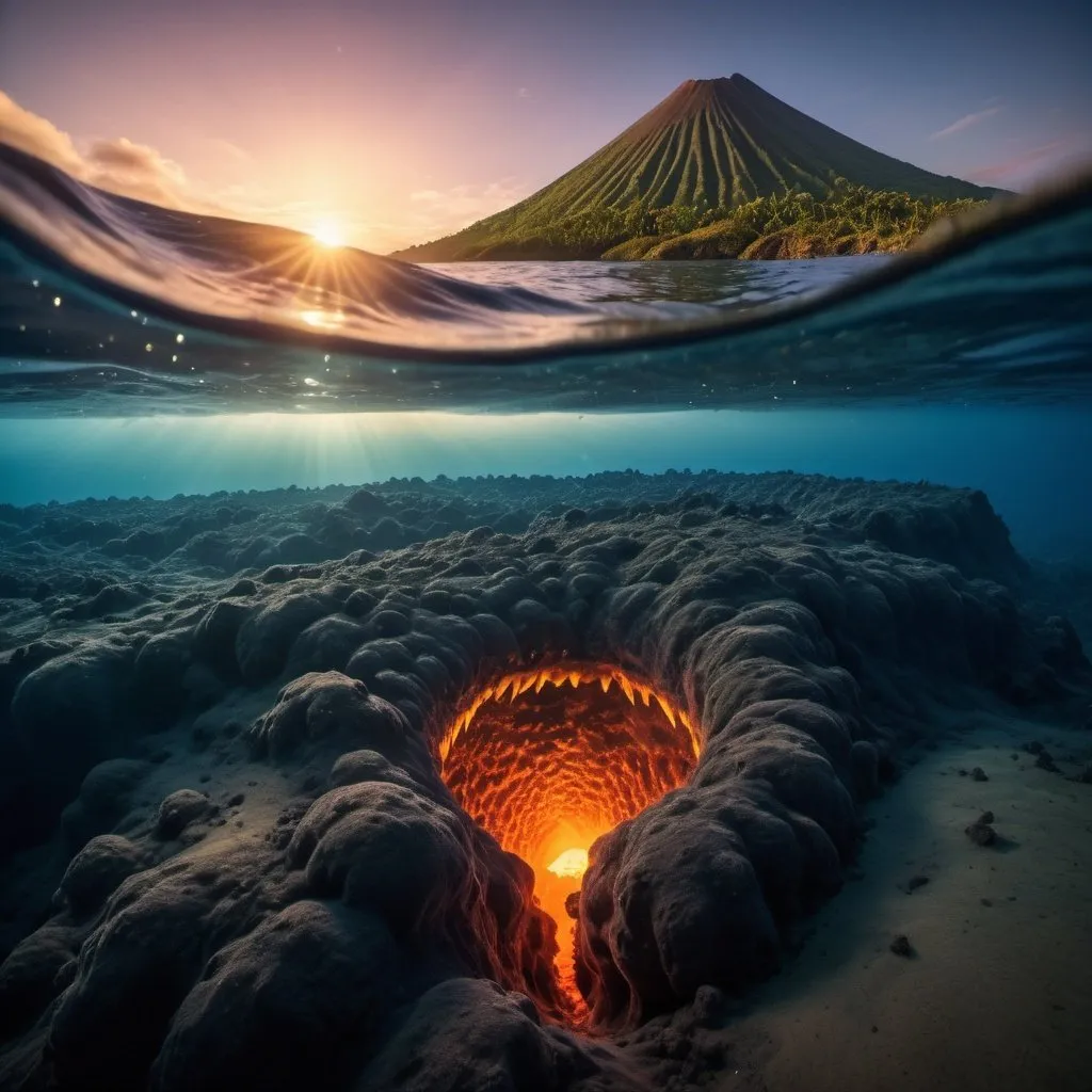 Prompt: strange deep undersea volcanoes, overhead golden hour lighting, extra wide angle field of view, infinity vanishing point