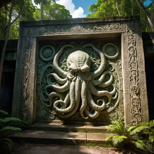 Prompt: in the Belize jungle, a giant ancient intricately detailed bas relief covered wall of cthulhu, overhead lighting shadows, wide angle view, infinity vanishing point