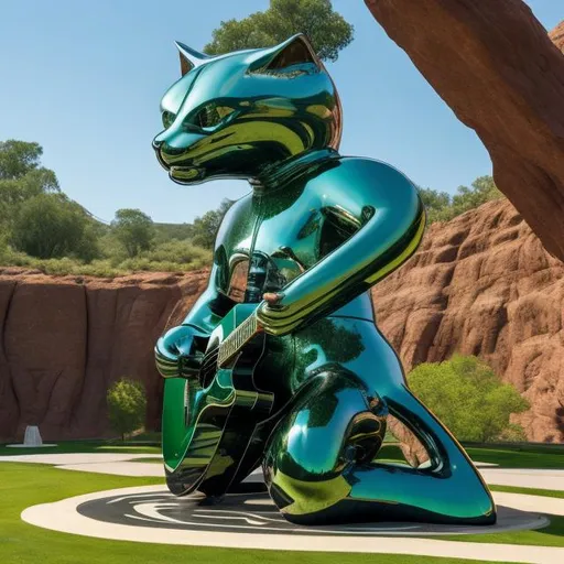 Prompt: ((((giant cat playing guitar) chrome statue inlaid with emeralds) in the style of Michelangelo) infinity vanishing point) wide perspective view