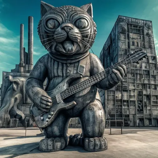 Prompt: giant acid etched steel statue of a giant cat playing guitar, in the style of Jacek Yerka, widescreen view, infinity vanishing point