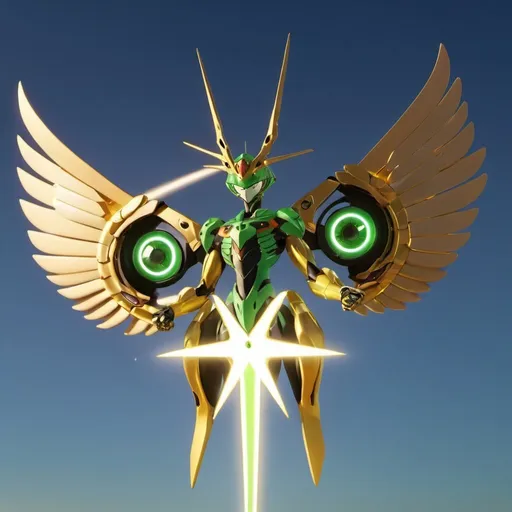 Prompt: Sahaquiel from Neon Genesis Evangelion, in ribbon shape with seven green eyes, with gold wings, golden hour overhead lighting, fantasy art, vray, a 3D render