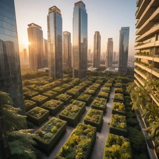Prompt: 1000 floor skyscrapers and lush gardens, overhead golden hour lighting, extra wide angle field of view, infinity vanishing point