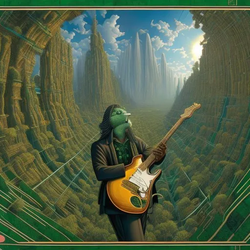 Prompt: ((((doku playing guitar) gold statue inlaid with emeralds) in the style of Jacek Yerka) infinity vanishing point) wide perspective view