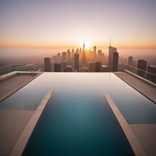 Prompt: 10 Mile high megaskyscraper infinity pool, overhead golden hour lighting, foggy wide angle view, infinity vanishing point