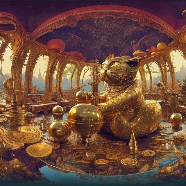 Prompt: panorama widescreen view of a giant gold cat playing a sitar, infinity vanishing point, in the style of Jacek Yerka