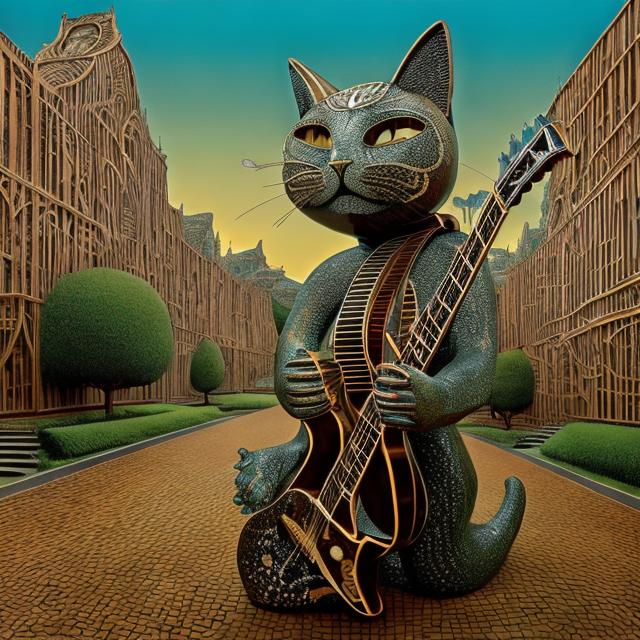 Prompt: ((((giant cat playing guitar) green bronze statue inlaid with diamonds) in the style of Jacek Yerka) infinity vanishing point) wide perspective view