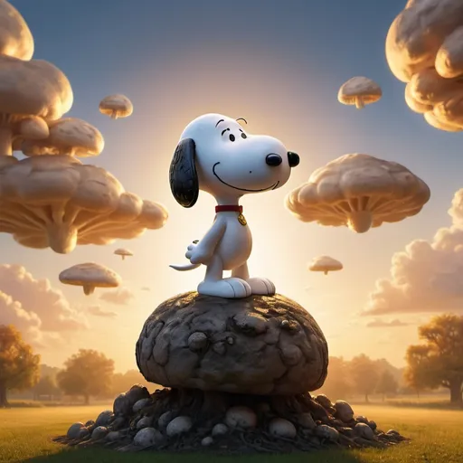 Prompt: Snoopy saving the world from artificial intelligence, distant atomic mushroom clouds, golden hour overhead lighting, extra wide angle view, infinity vanishing point