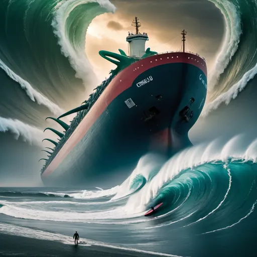 Prompt: cthulu surfing the largest giant tsunami wave, ULCC supertanker in foreground, overhead lighting, wide angle view, surreal background proportions, infinity vanishing point