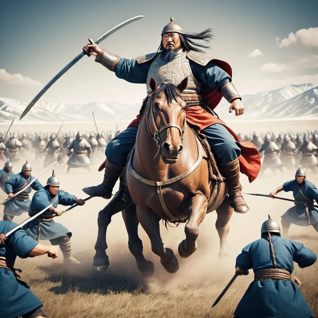 Prompt: Giant Mongol Warrior fighting against tiny enemy NATO army, extra wide angle field of view, propaganda poster style art