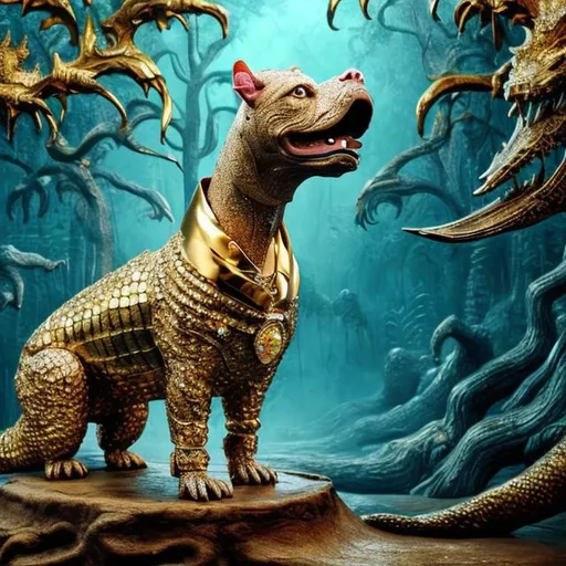 Prompt: Diamond encrusted pitbull terrier riding a giant golden alligator in a surreal forest background