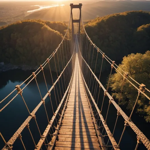 Prompt: overhead view of abandoned giant suspension bridge to space, golden hour overhead lighting, extra wide angle view, infinity vanishing point
